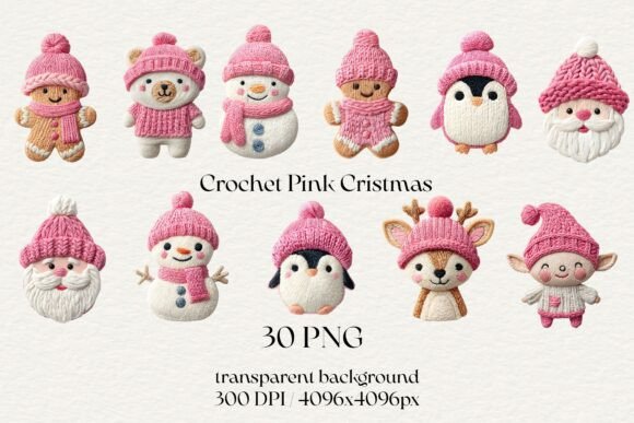 30 Pink Christmas Crochet PNG Bundle: Cozy Holiday Designs