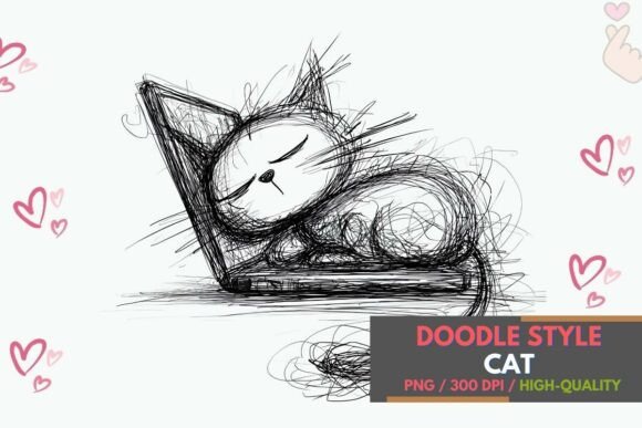 Doodle Cat on Laptop Sketch Line Art PNG: A Creative Asset