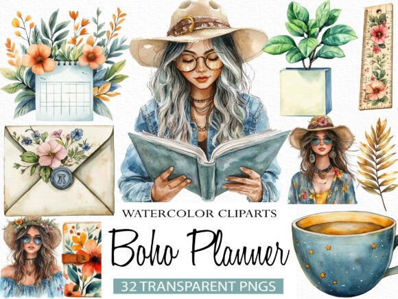 Earthy, Artistic Watercolor Boho Planner Clipart for Creatives