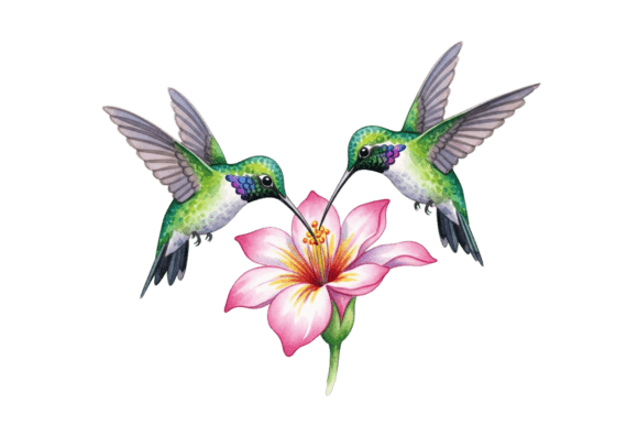 Enchanting Design: Two Hummingbirds Feeding Pink Flower