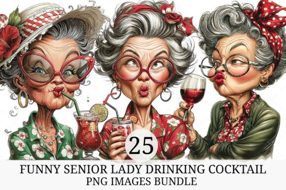 Funny Senior Lady Drinking Cocktail PNG: A Bundle of Sass and Style