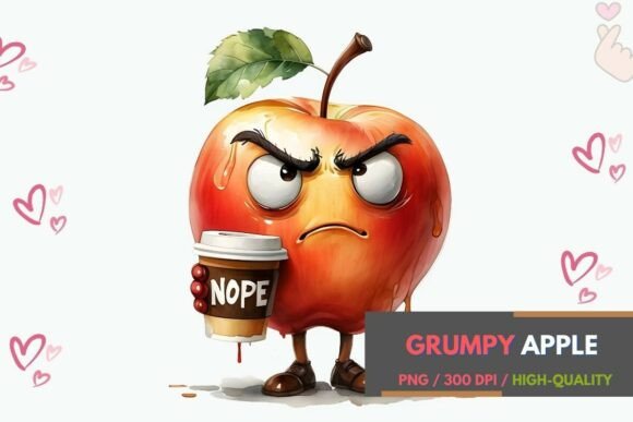 Grumpy Apple with Coffee Cartoon PNG Art for Design