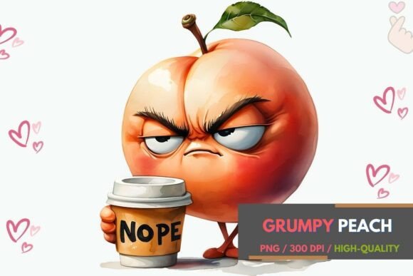 Nope Coffee Peach Funny PNG: Grumpy Fruit for Mugs & Shirts