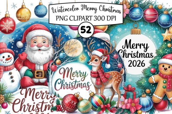 Watercolor Merry Christmas PNG Bundle: Festive Illustrations for Your Holiday Designs