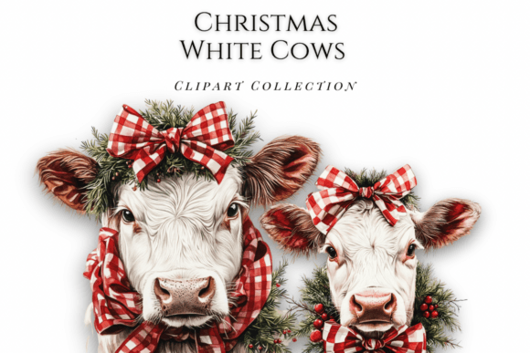White Highland Holiday Cows: Festive Clipart for Rustic Charm